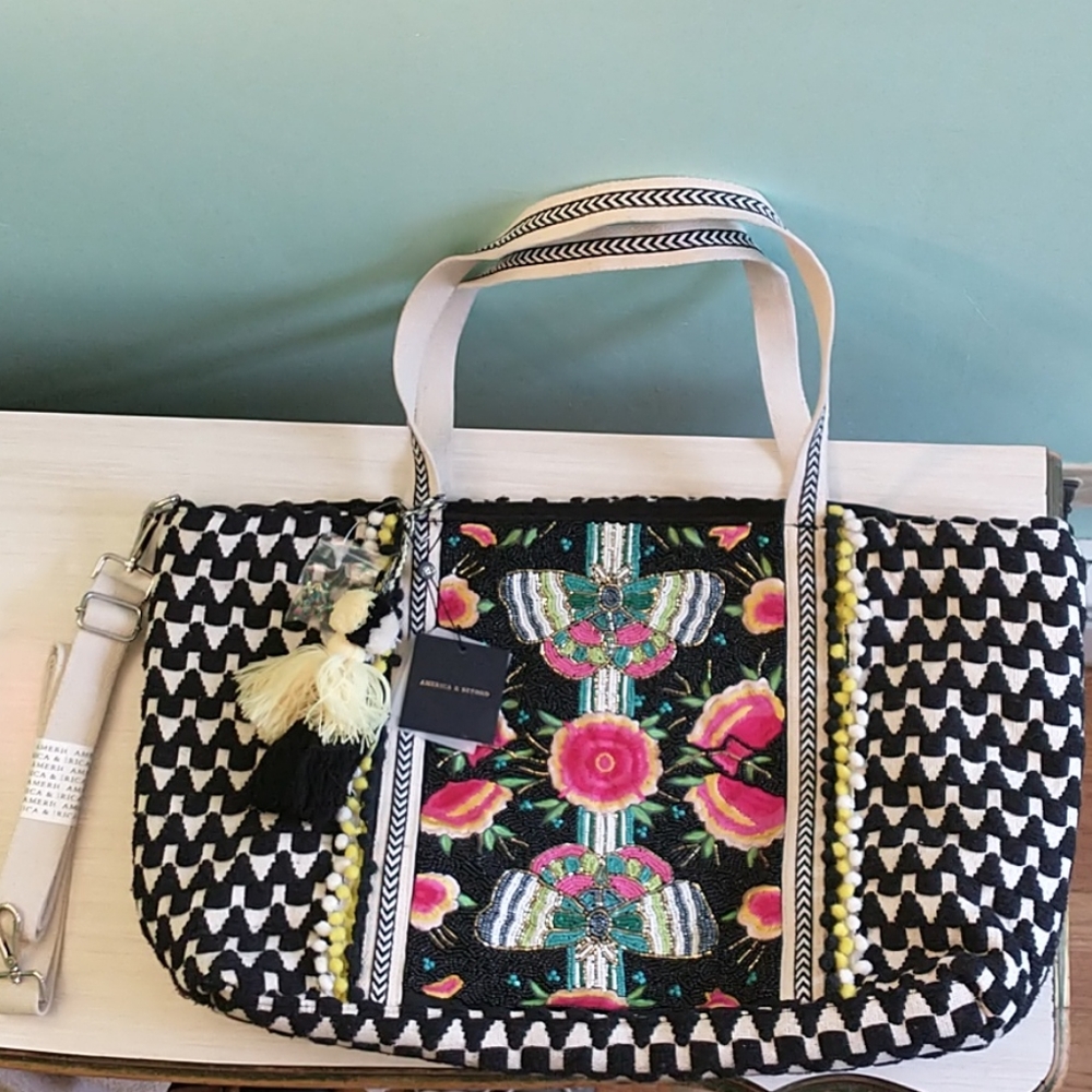 America & Beyond Embellished Tote w/Two Pouches